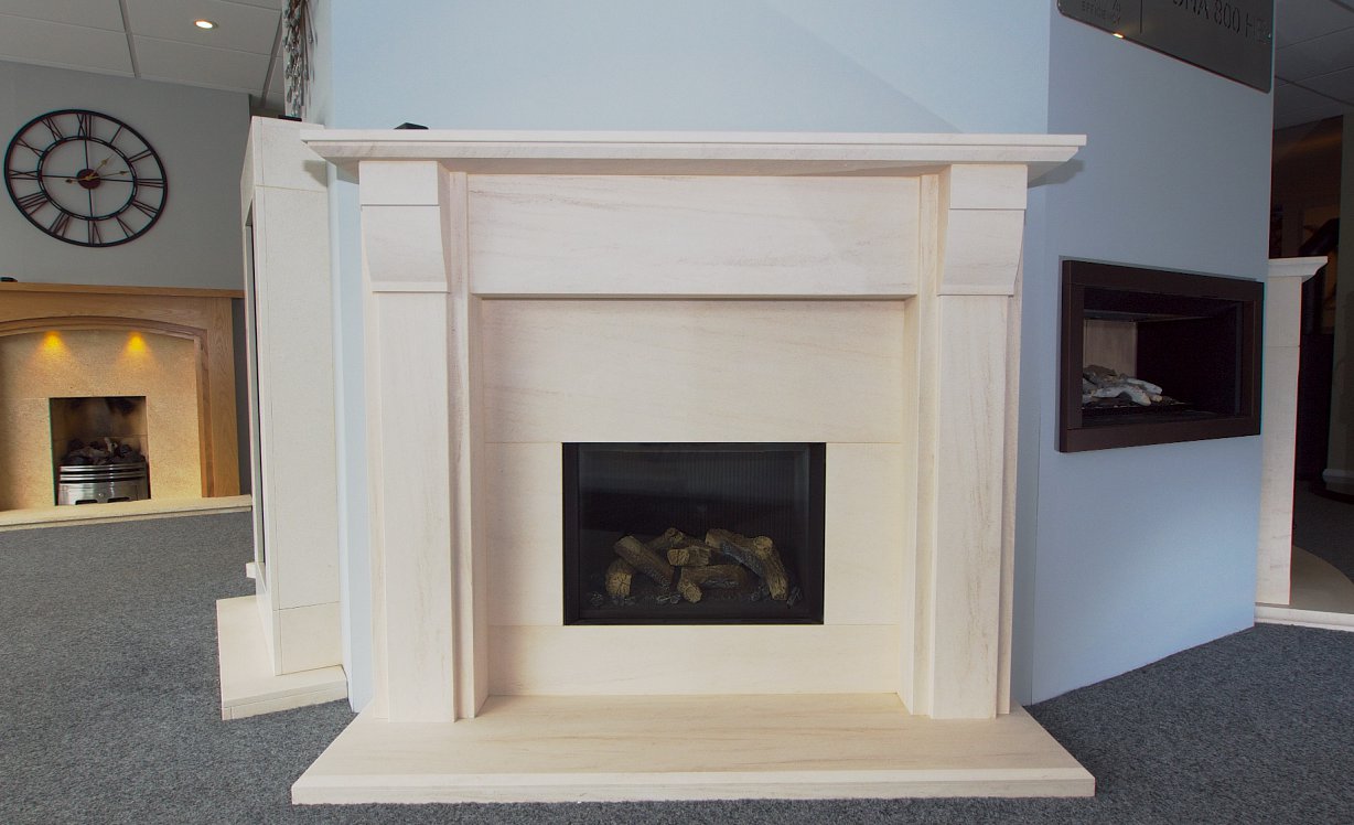 Traditional limestone fireplace